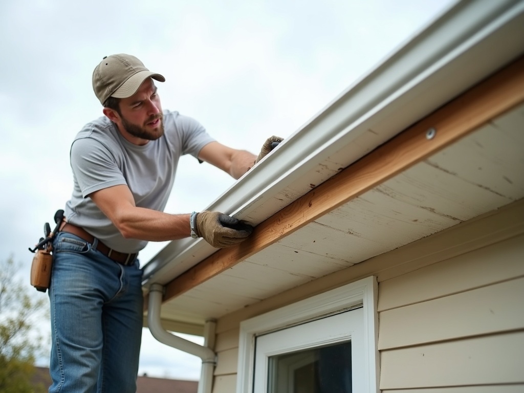 New fascia board installation on a residential home with contractor securing boards along the roofline