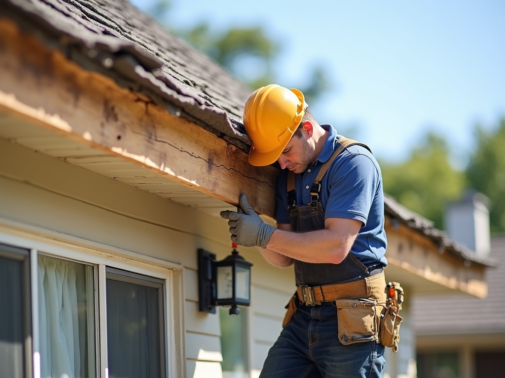 Contractor replacing rotted fascia board on a residential home roofline