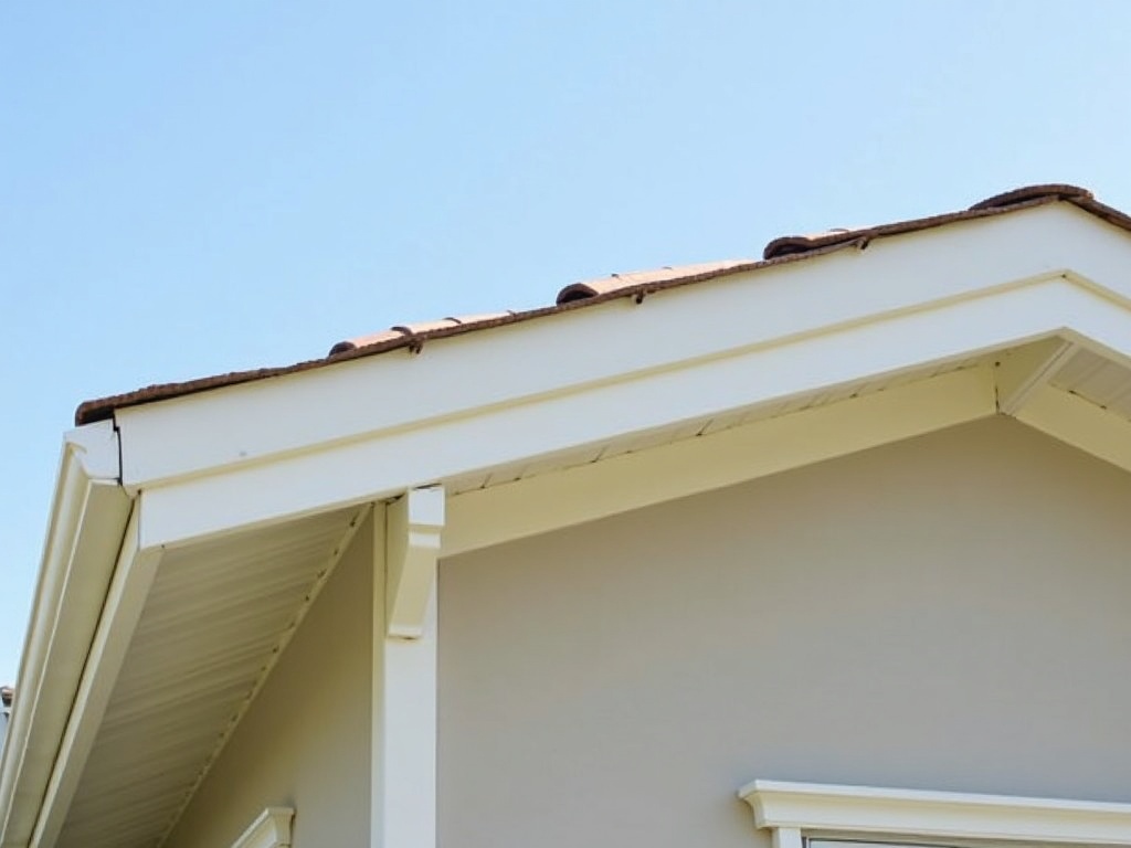 Brand new white fascia boards installed along a residential home roofline