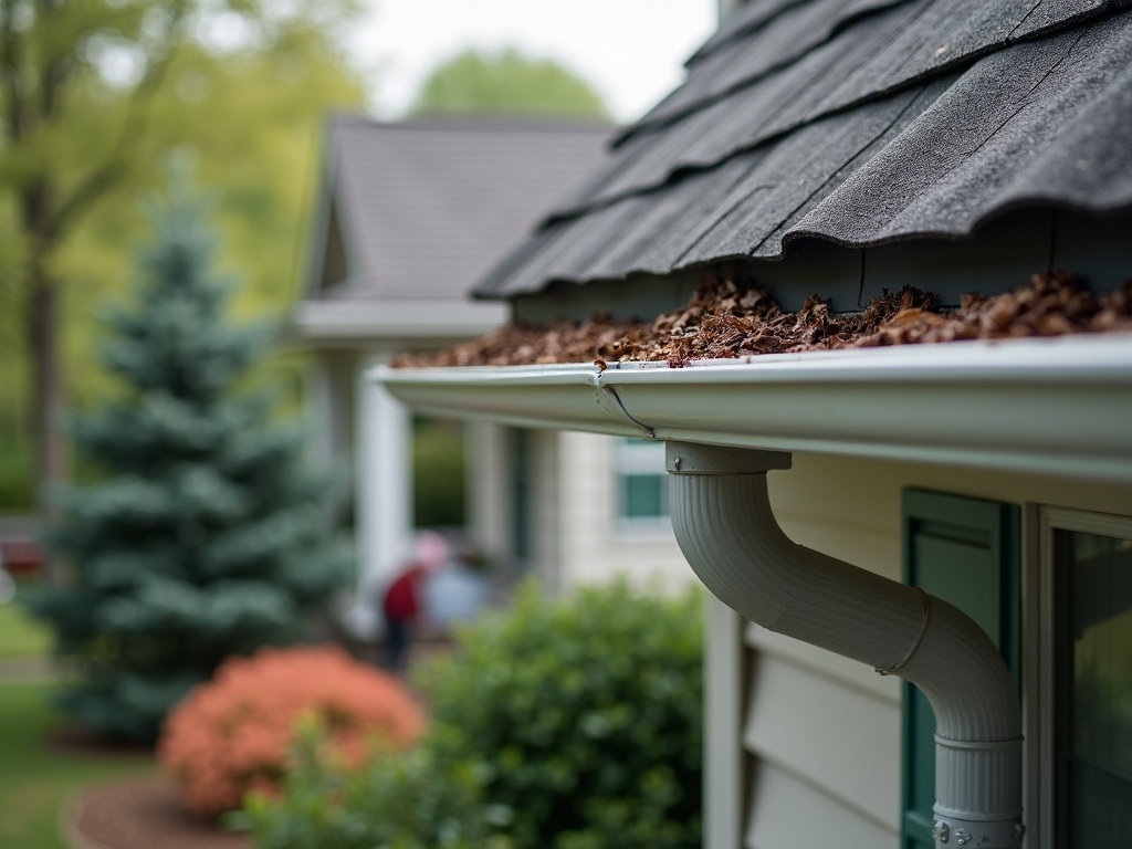 Professional seamless gutter installation on a residential home with contractor working