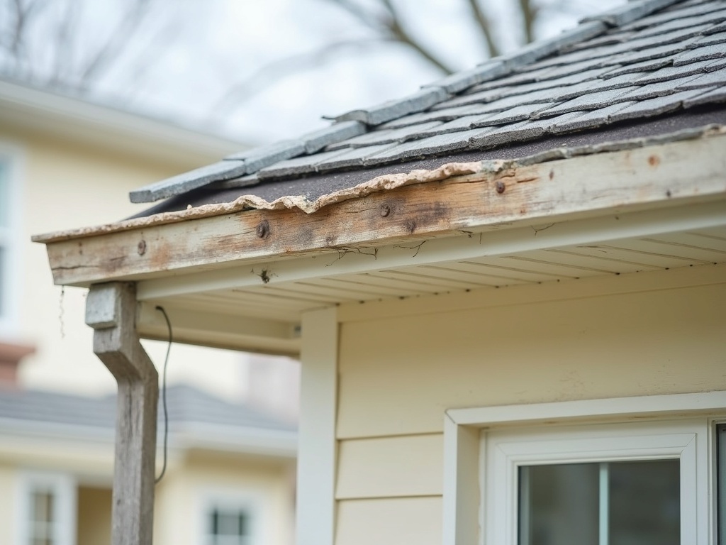 Professional contractor repairing damaged soffit panels on a residential home