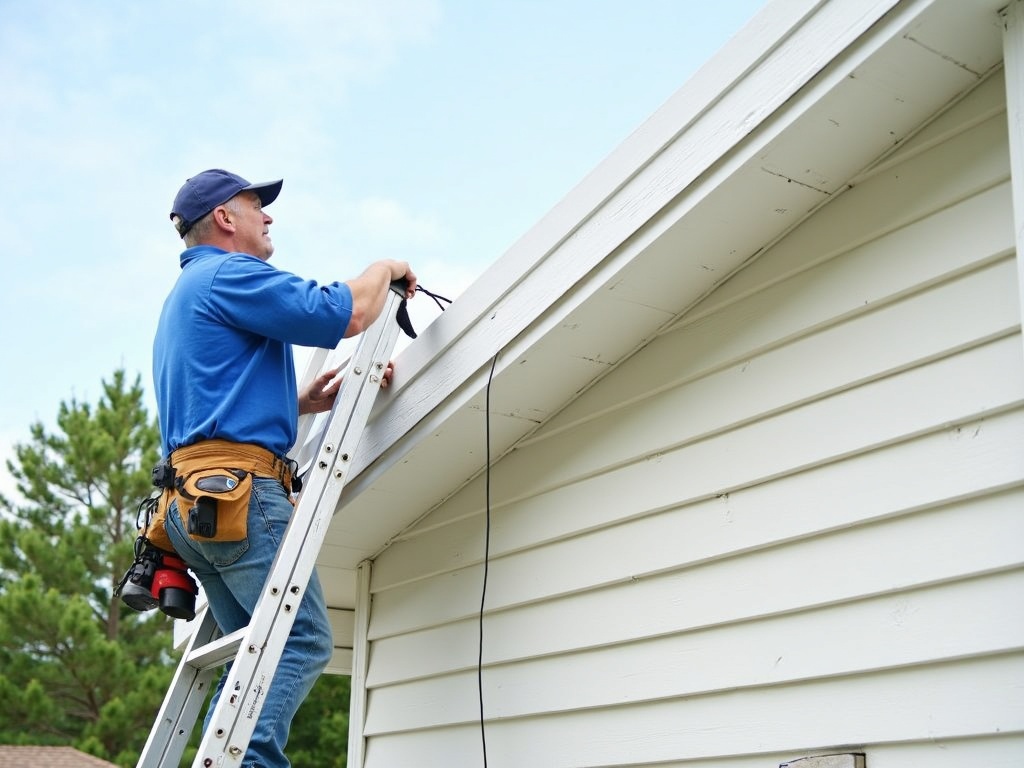 New white vinyl soffit installation on a suburban home with contractor on ladder